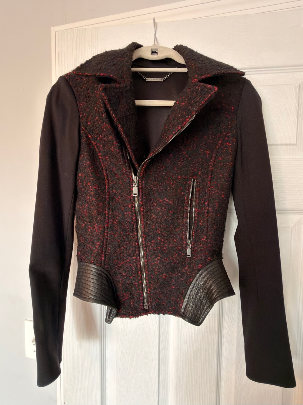 Elie Tahari Black and Red Textured Moto Jacket